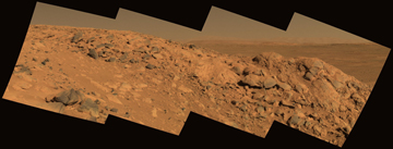 Mars Exploration Rover (MER) Spirit - Longhorn rock outcrop with Gusev Crater in Background