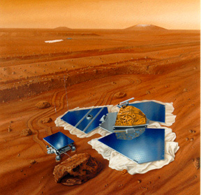 Artist's Rendition of Pathfinder and Sojourner on Mars
